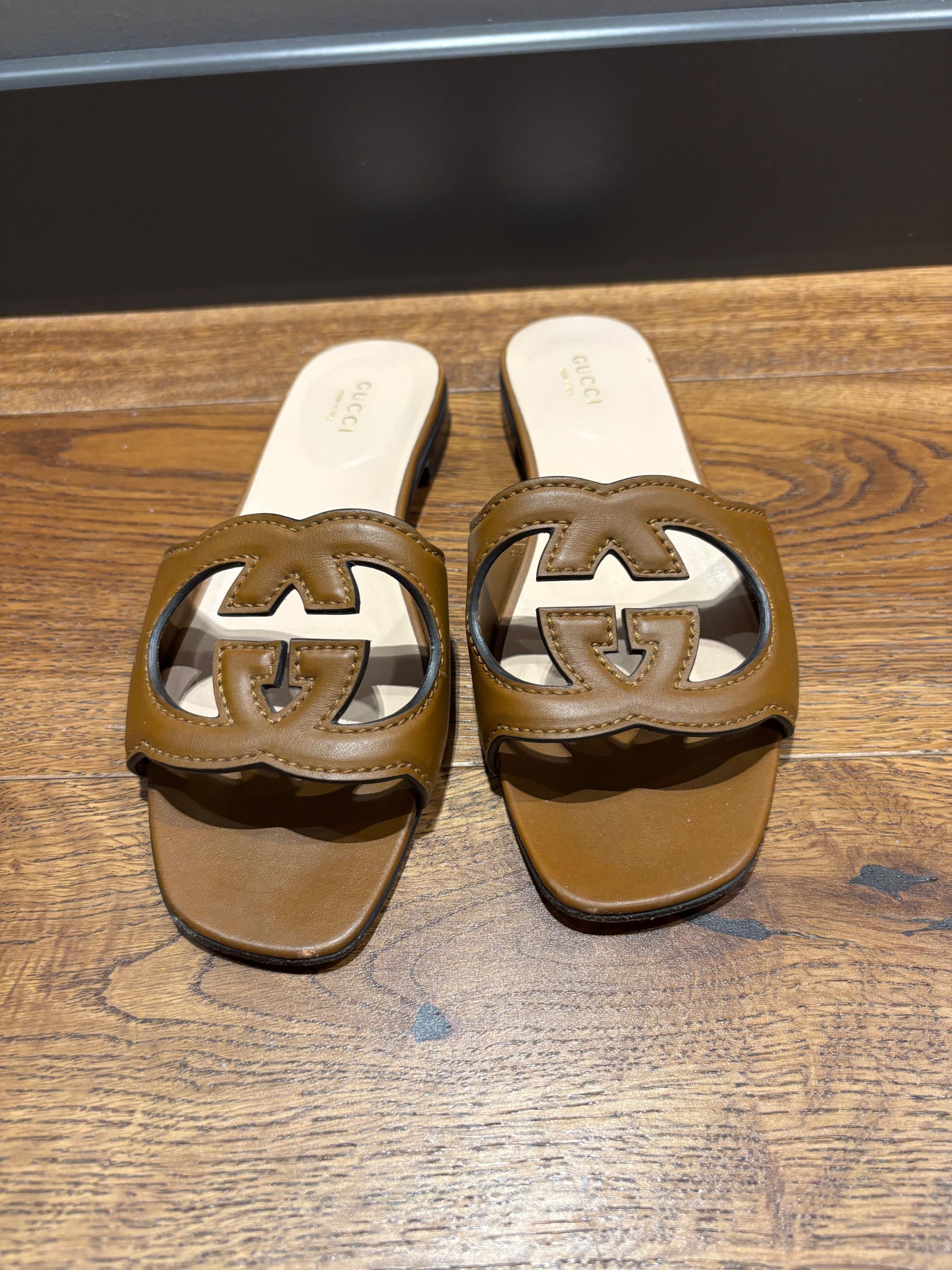 Gucci Tan Leather Flat Sandals