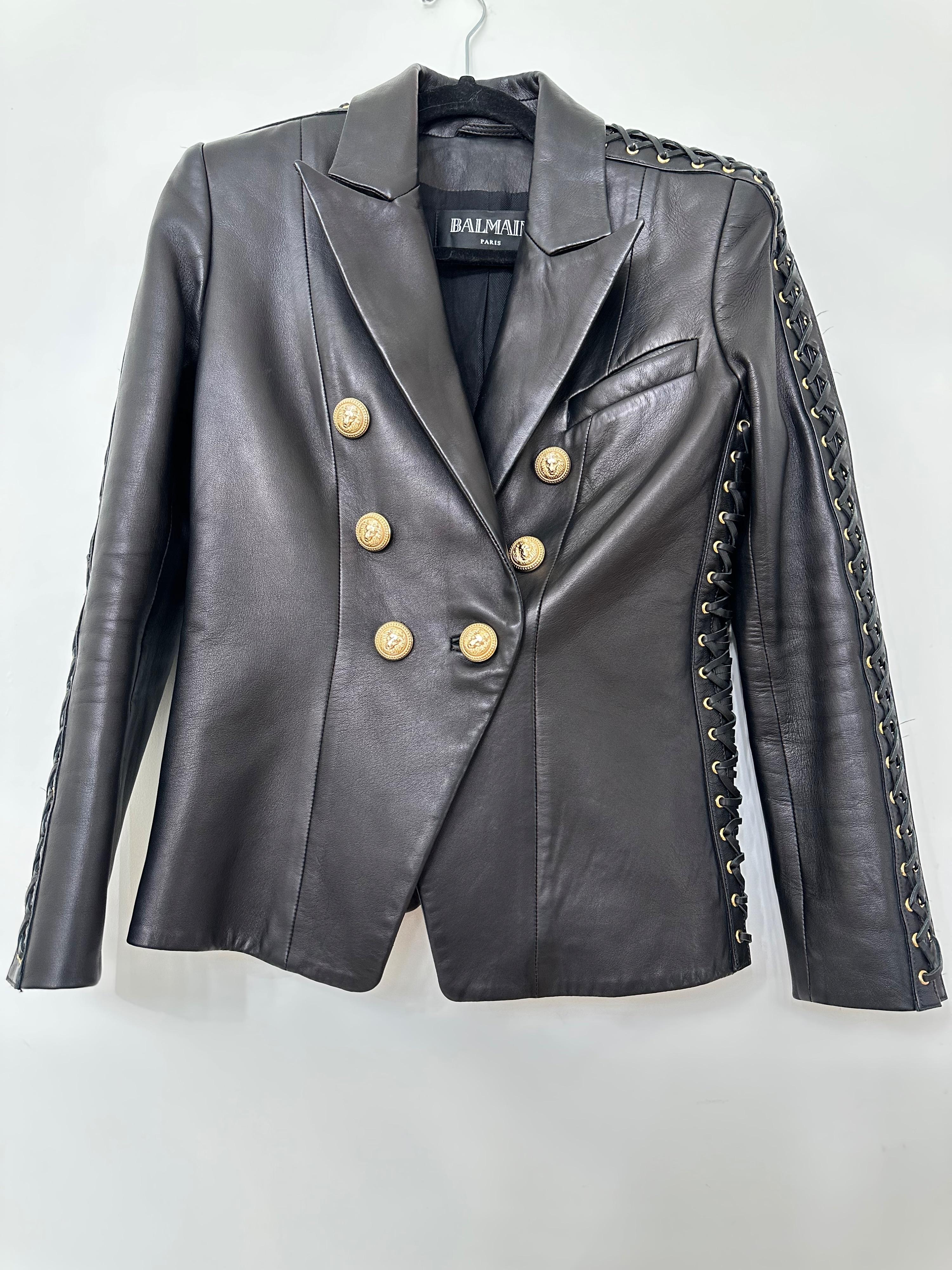 Balmain Black Leather Lace Up Detail Blazer