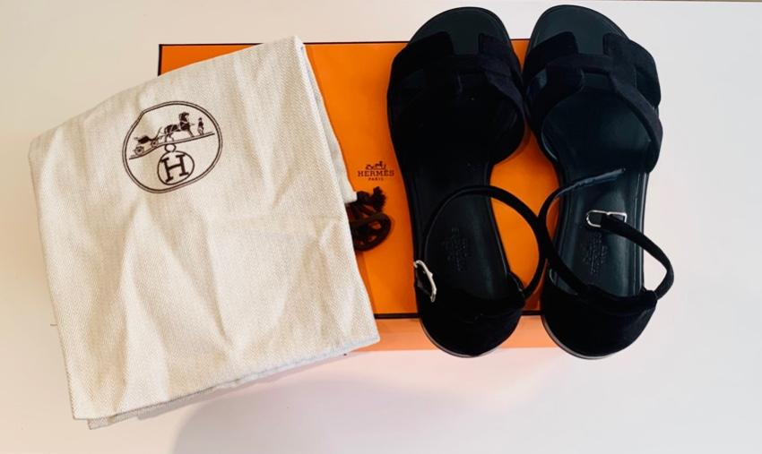 Hermes Black Velvet Santorini Sandals Sold Out