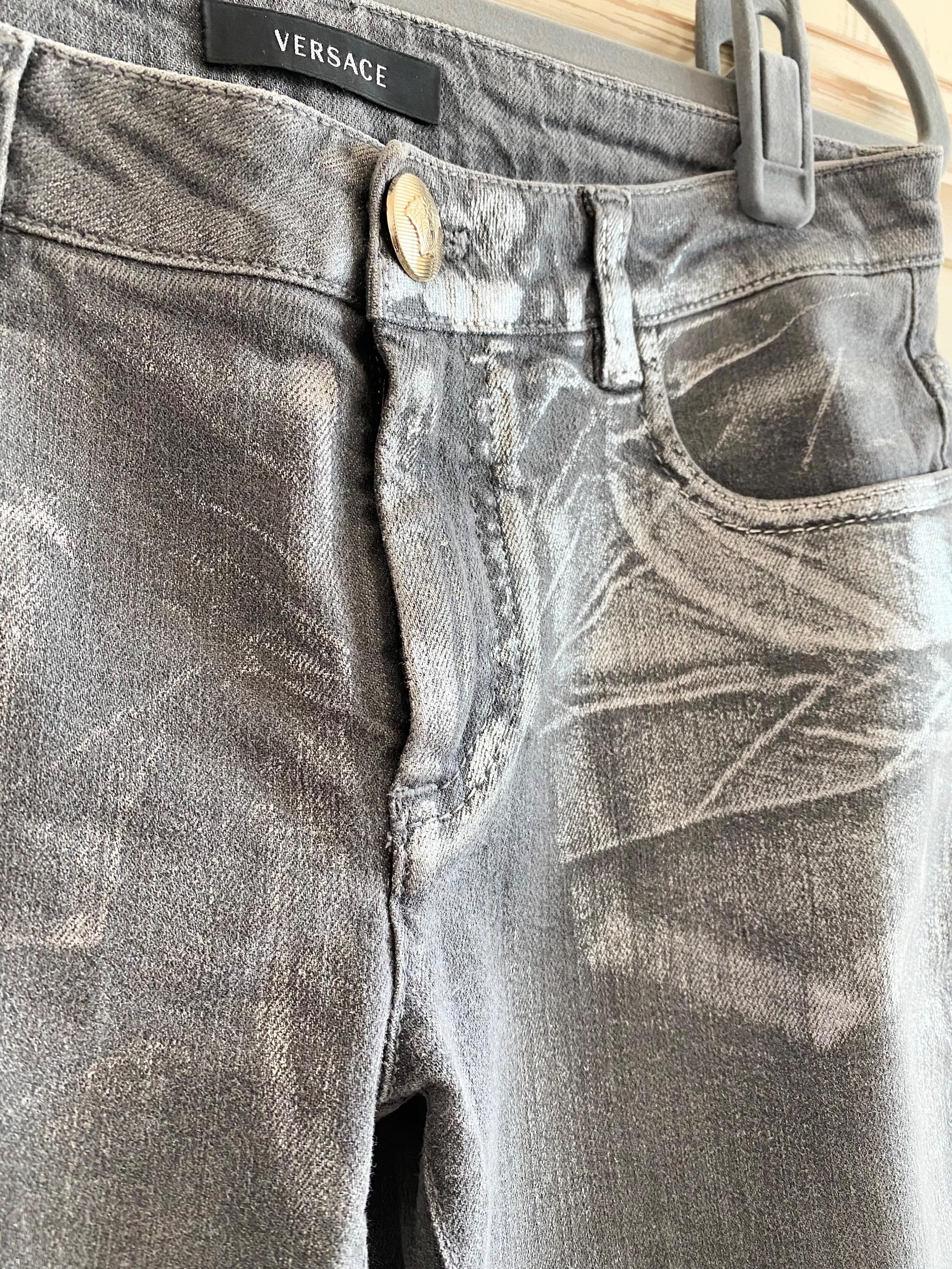 Grey silver coated straight leg jeans