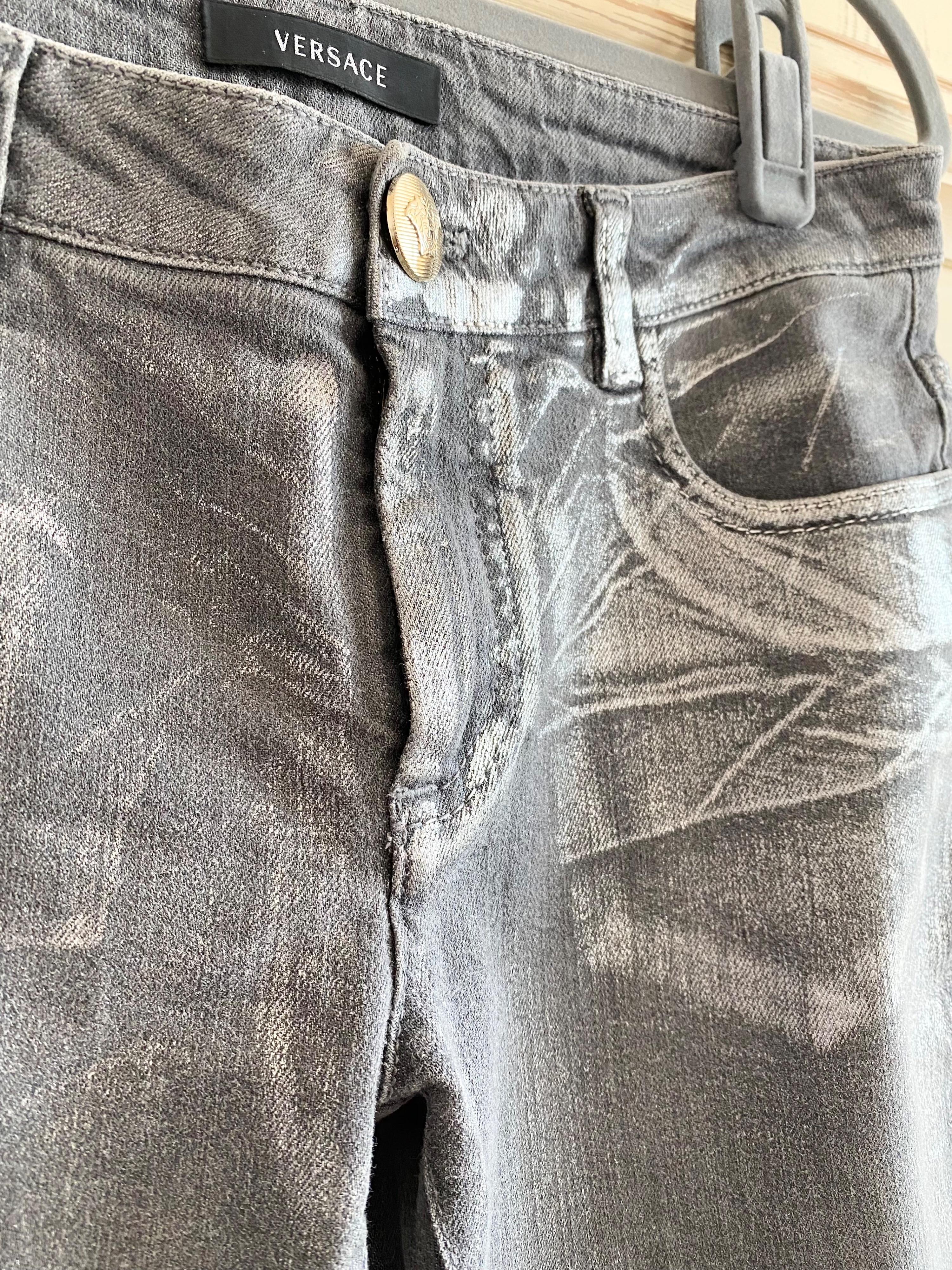 Grey silver coated straight leg jeans