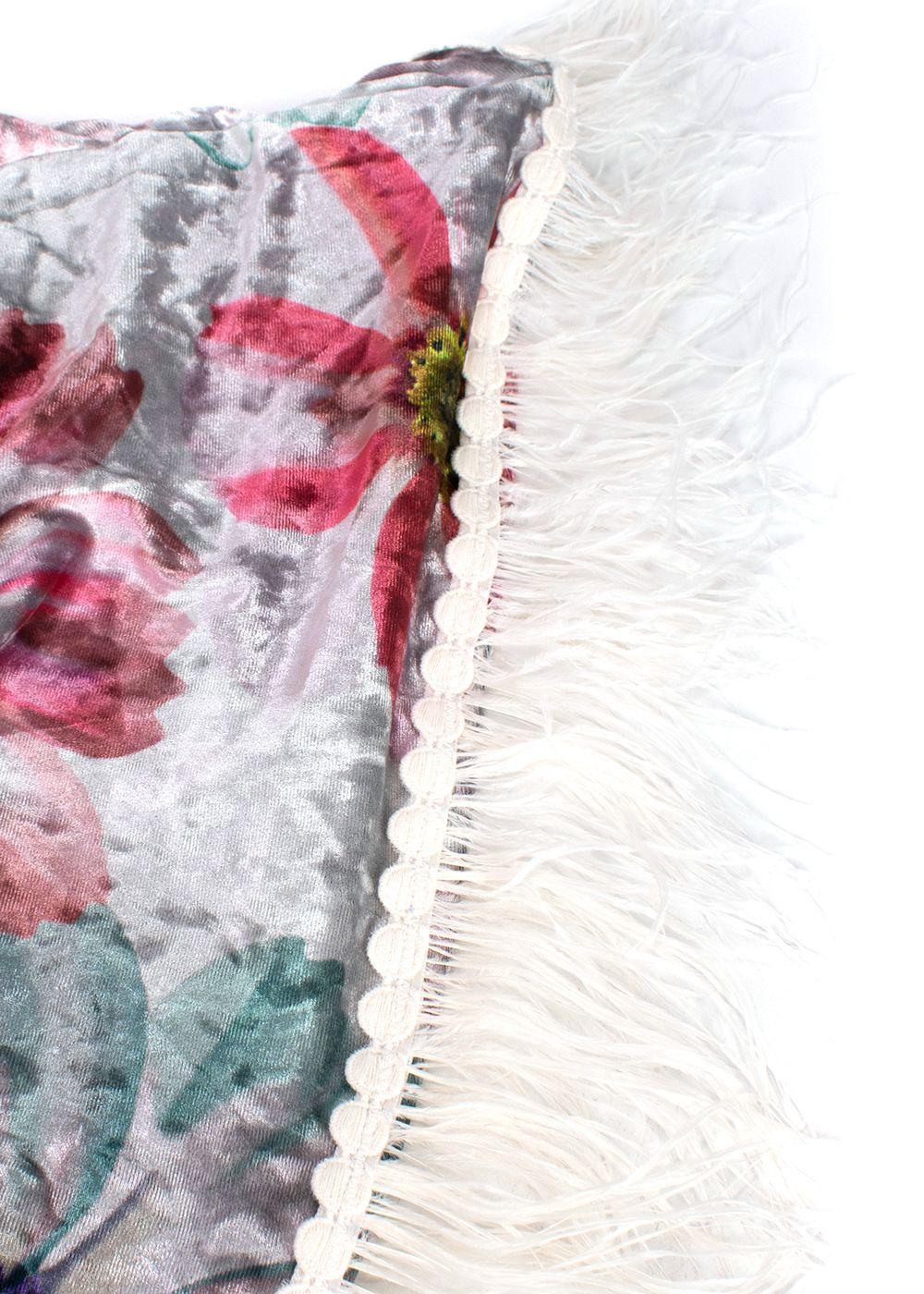 Elegant Embroidery Floral Silver Crushed Velvet Wrap Kaftan with Feather Trim