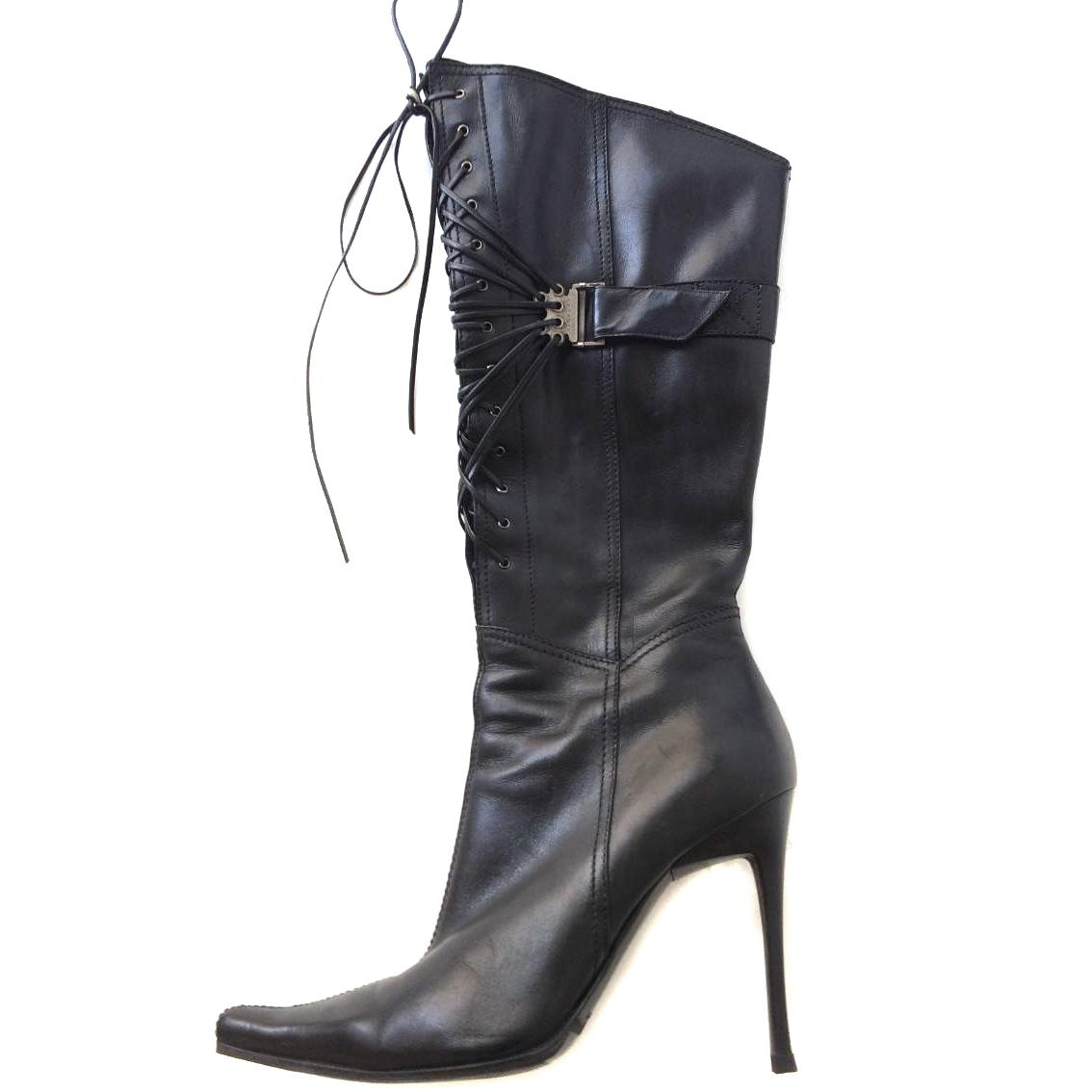 Casadei Black Leather Knee High Stilleto Lace Up Boots