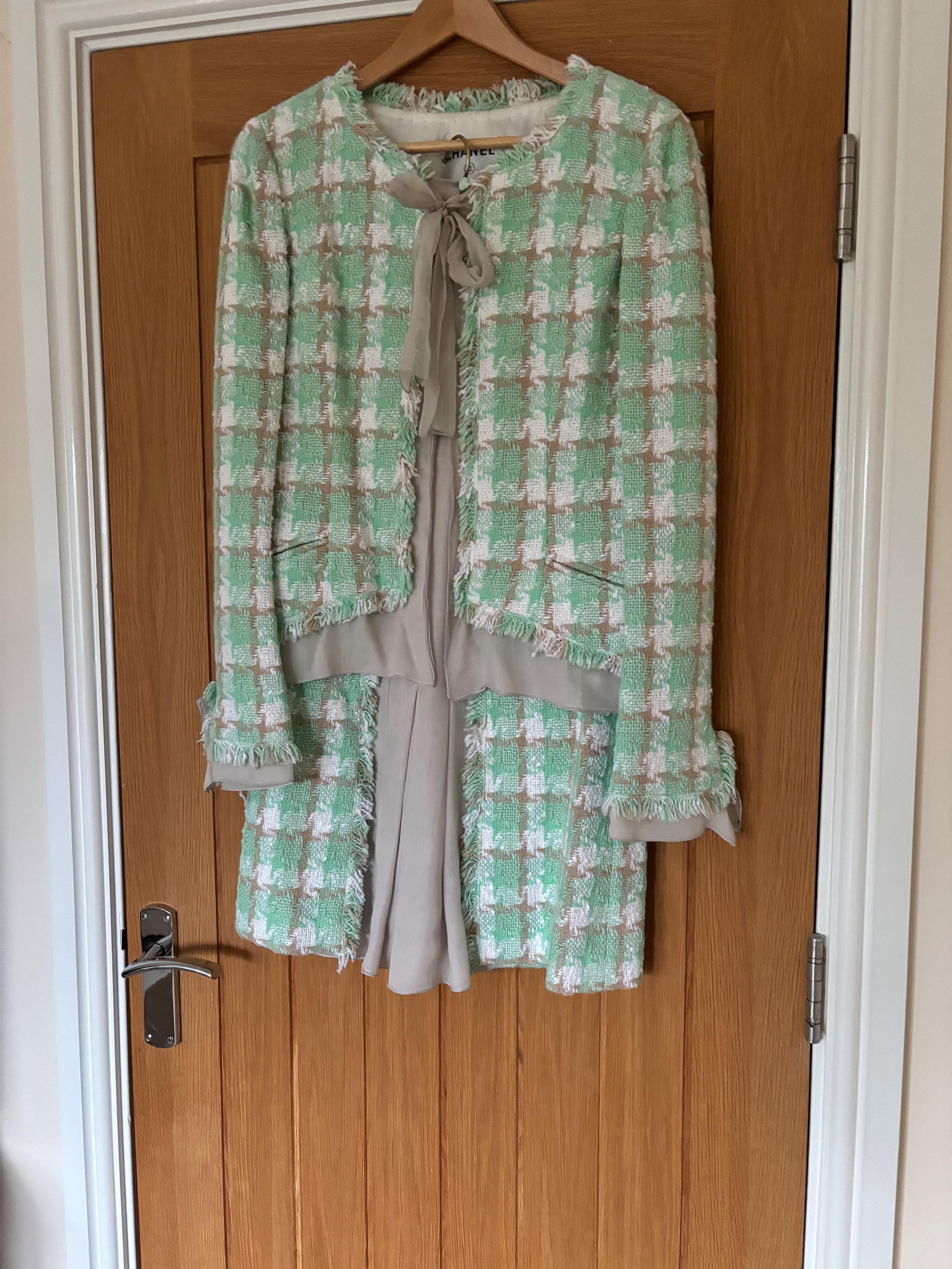 Chanel Green Check Tweed Jacket and Skirt Suit