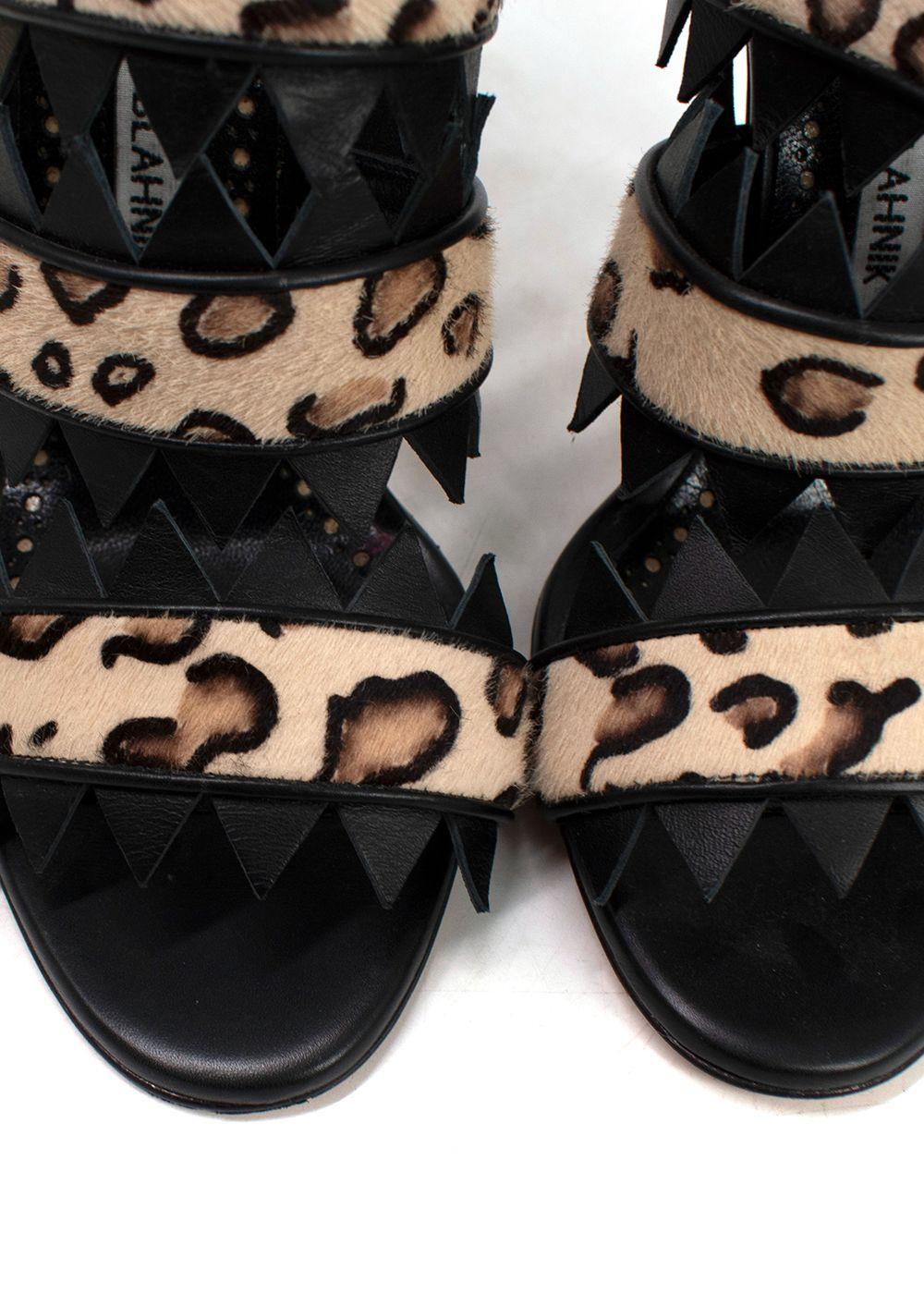 Manolo Blahnik Black Leopard Print Calf Hair Heeled Mules