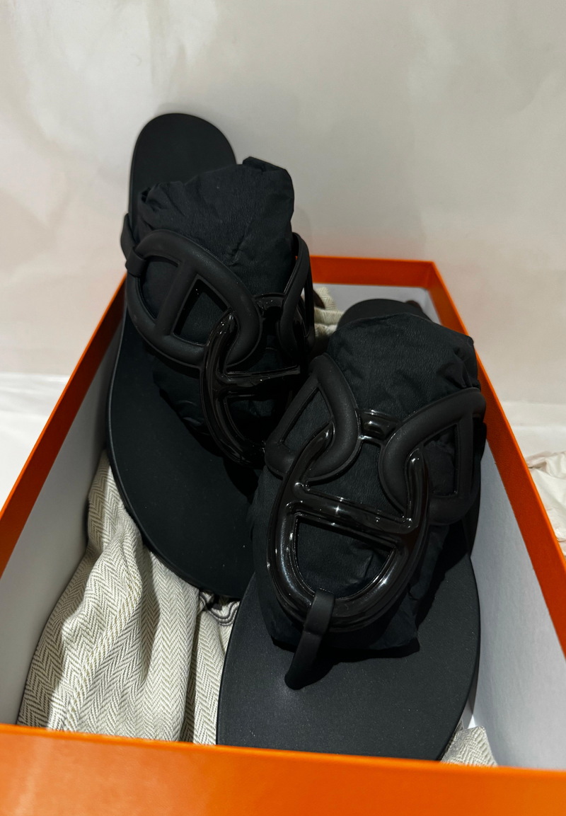 Hermes Black Rubber Egerie Sandals