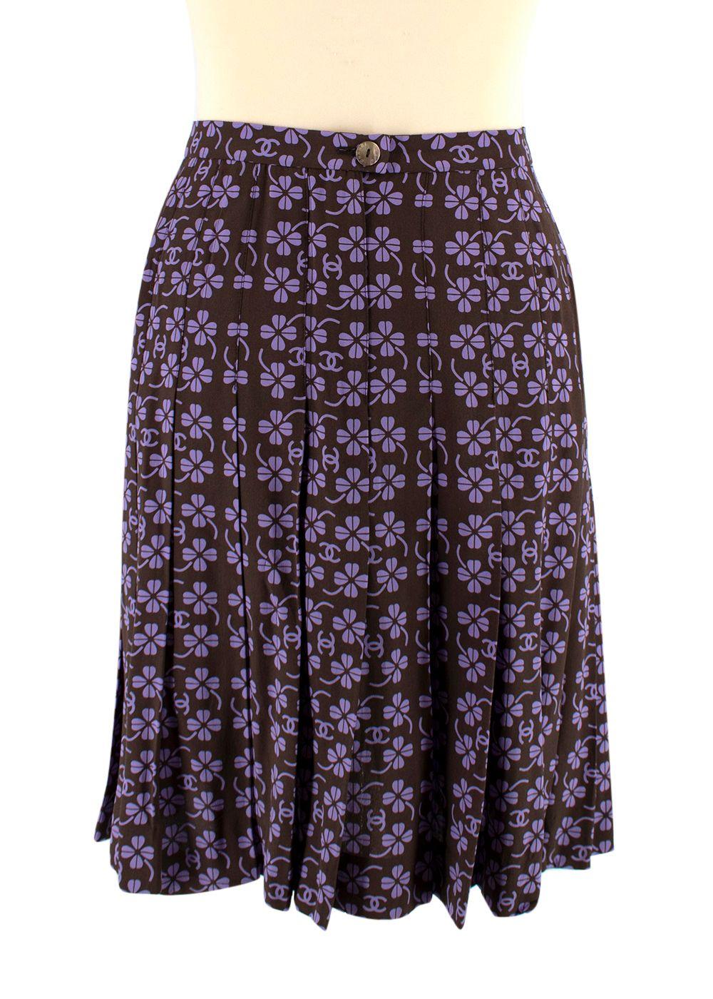 Purple & Black Clover Print Pleated Silk Skirt