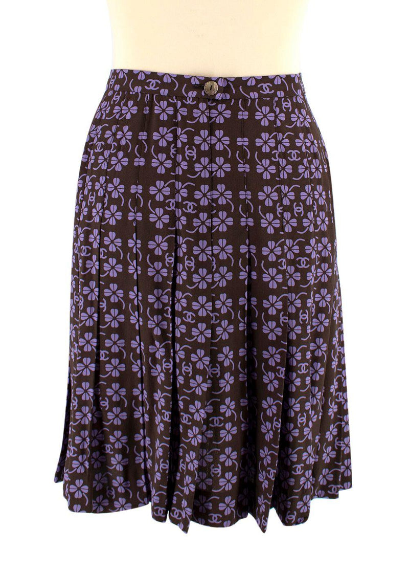 Purple & Black Clover Print Pleated Silk Skirt