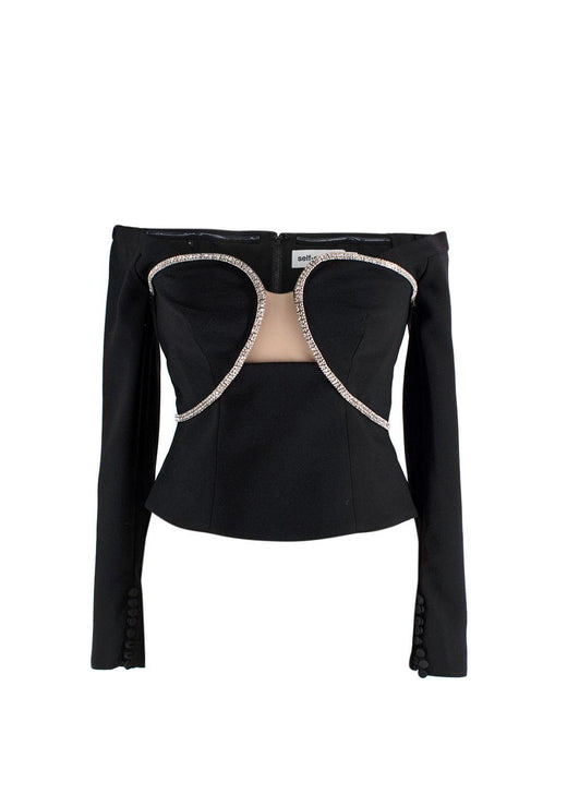 Self-Portrait Black Embellished Off-Shoulder Top & Mini Skirt Set