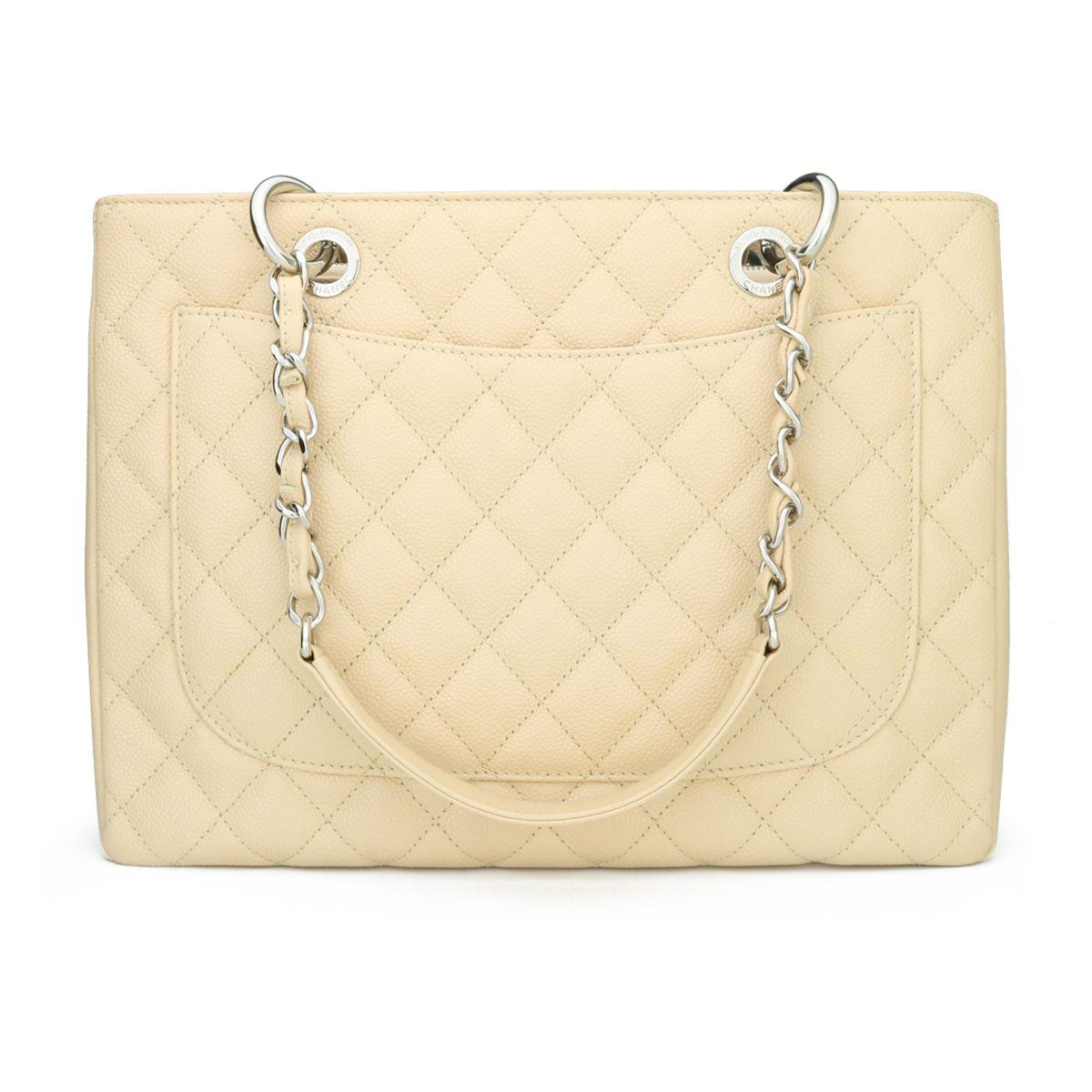Beige Caviar Grand Shopping Tote (GST) with Silver Hardware