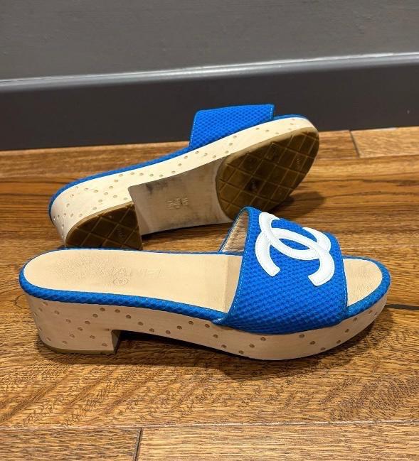 Chanel Blue Fabric CC Slides