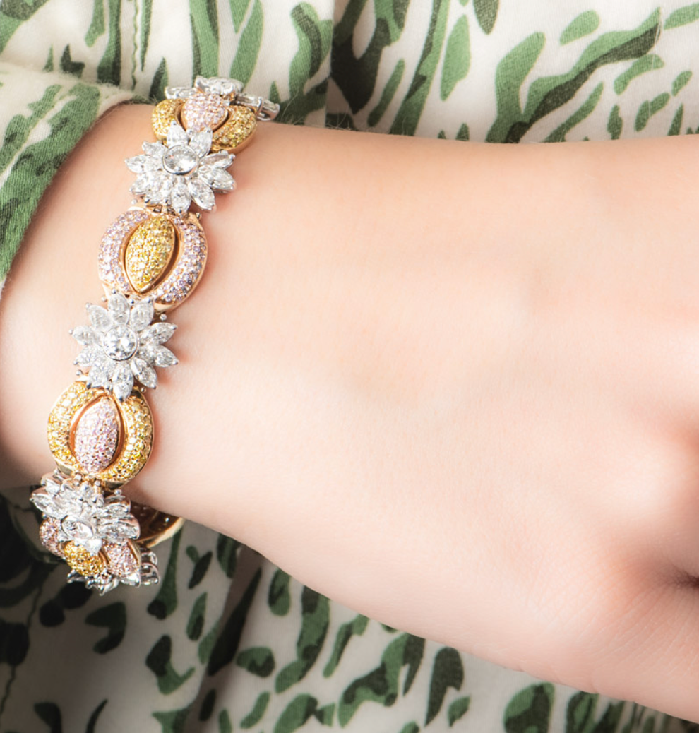 Bespoke Tri-Colour Gold Fancy Yellow, Natural Pink & White Diamond Bracelet
