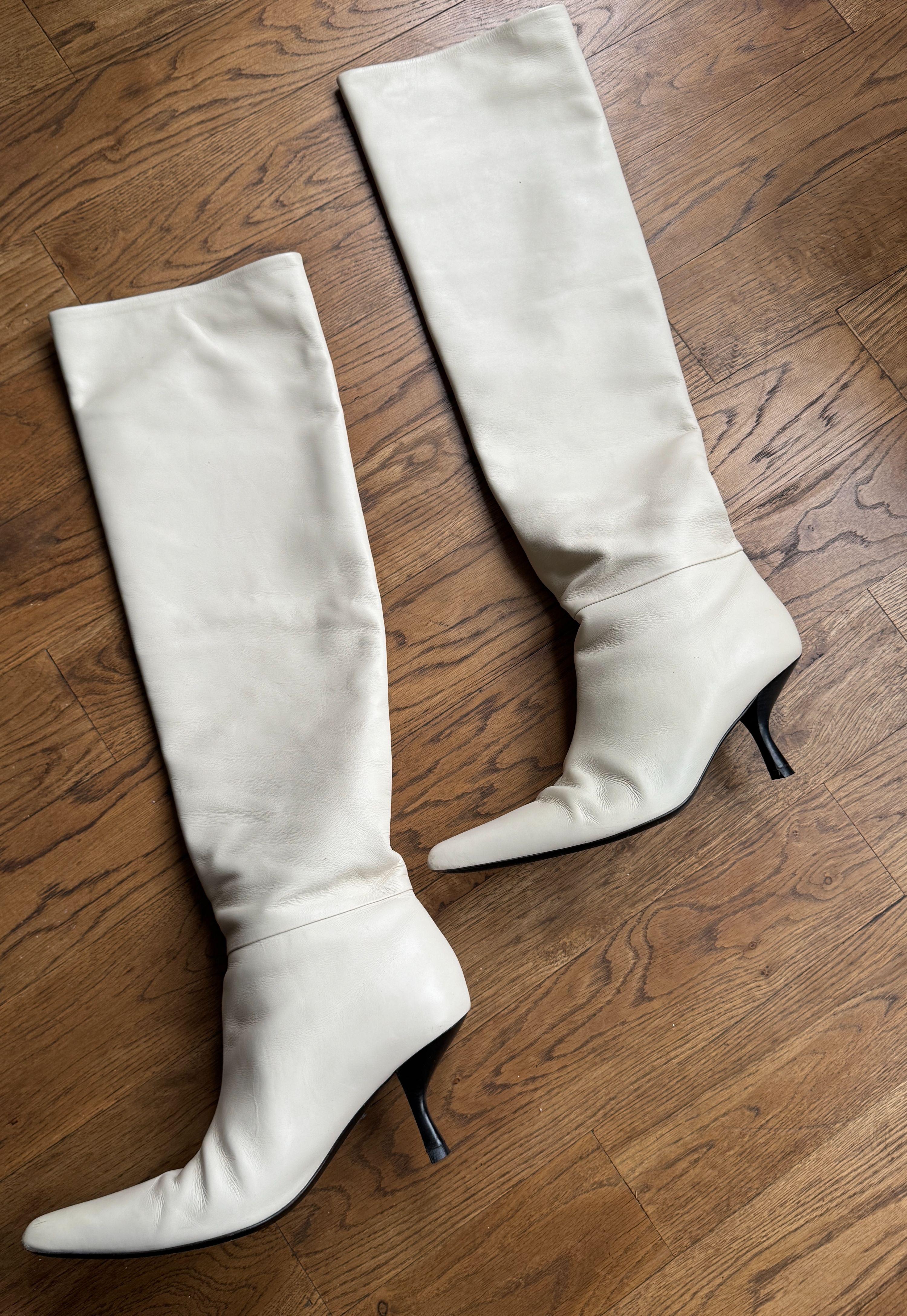 The Row Cream Calfskin Bourgeoisie Over-the-Knee Boots
