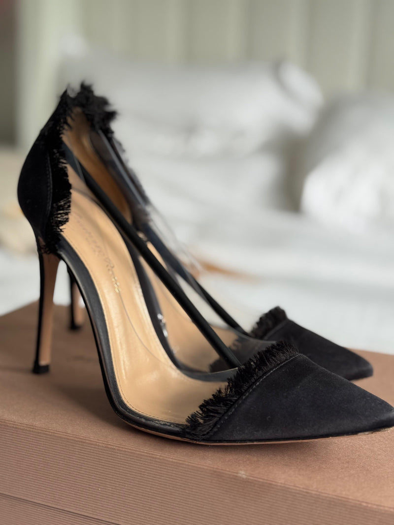 Black Satin Raw Edge Plexi Pumps