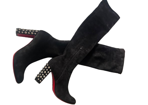 Louboutin Embellished Heel Long Stretch Suede Boots