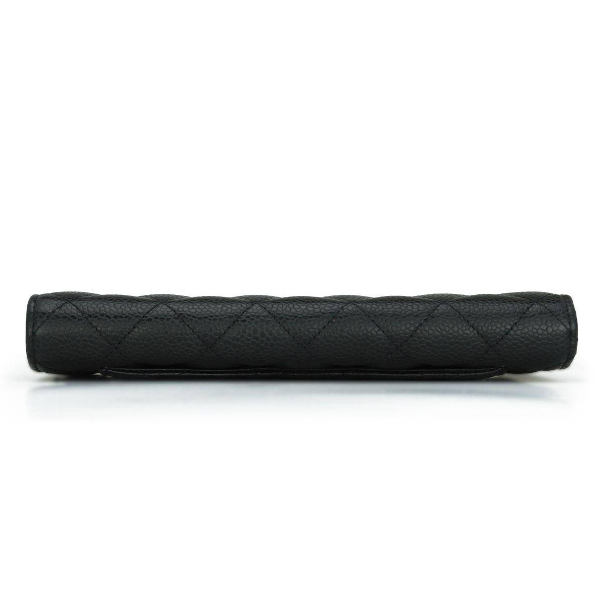 Chanel Black Caviar Leather Long Flap Yen Wallet with Silver Hardware
