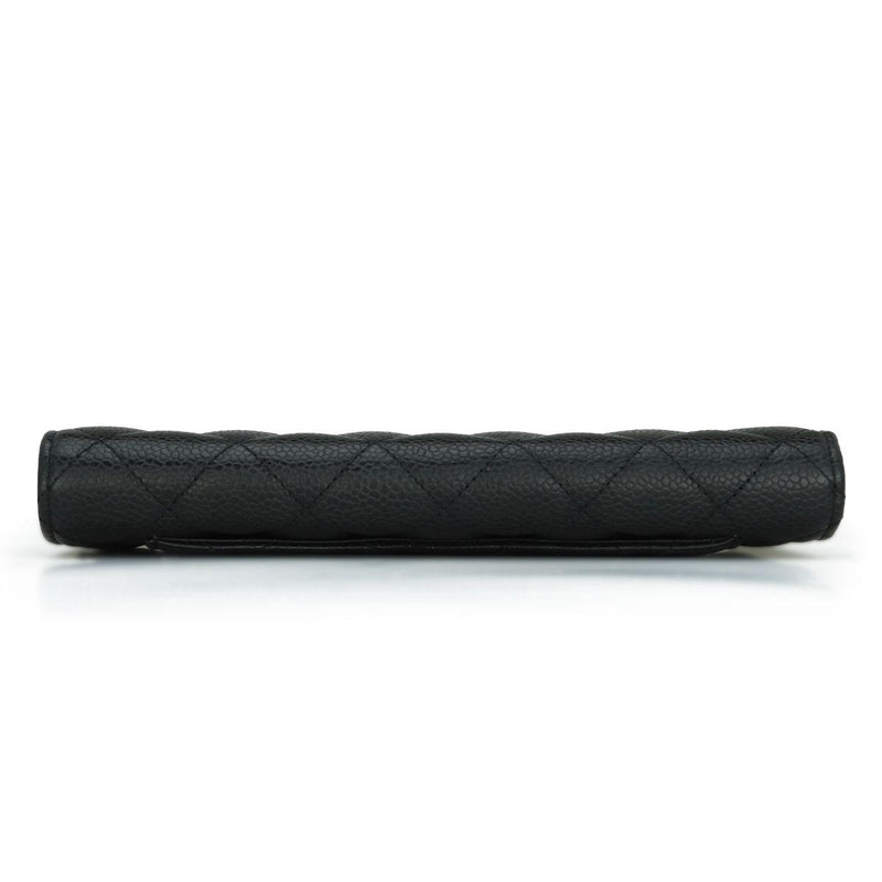 Chanel Black Caviar Leather Long Flap Yen Wallet with Silver Hardware