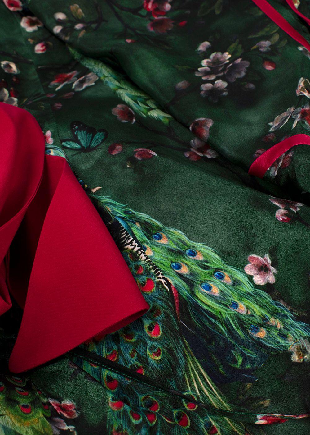 F.R.S Dark Green Botanical Printed Satin Robe Dress