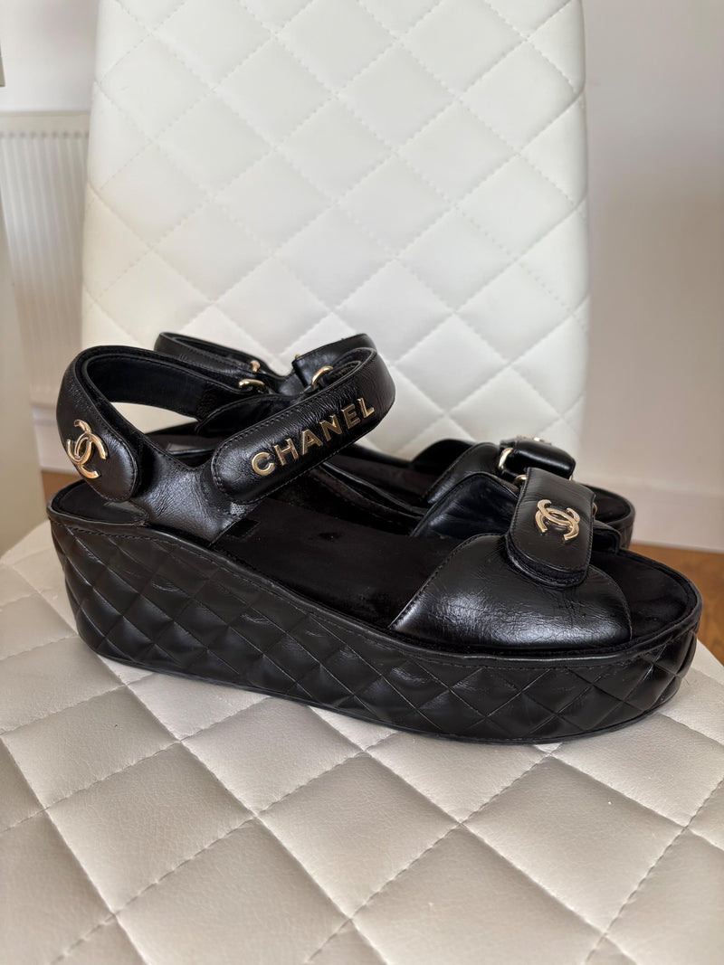 Chanel Black Leather Wedge Sandals
