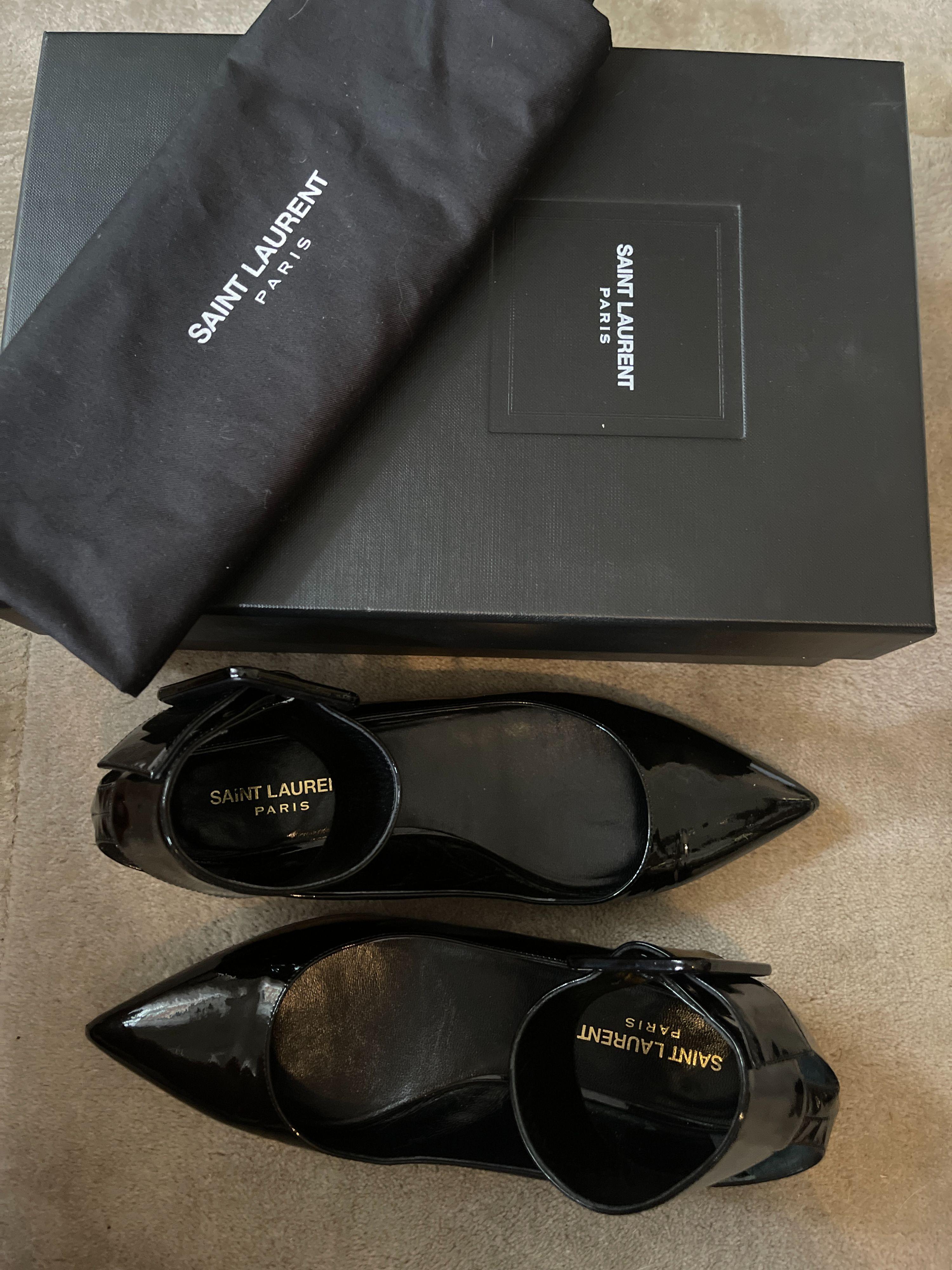 Saint Laurent Black Patent Leather Buckle Strap Ballet Flats