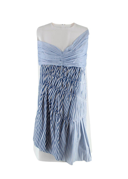 Victoria Beckham White and Blue Striped Ruched Mini Dress