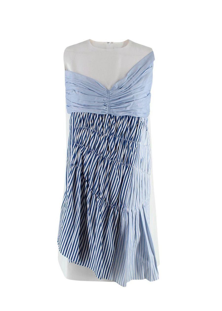 Victoria Beckham White and Blue Striped Ruched Mini Dress