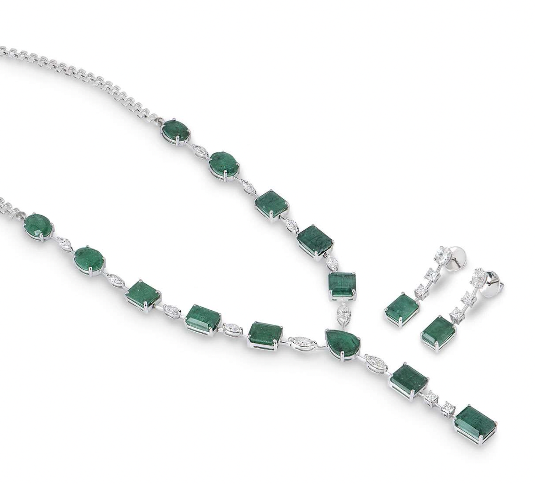 18ct white gold, diamond & emerald jewellery suite