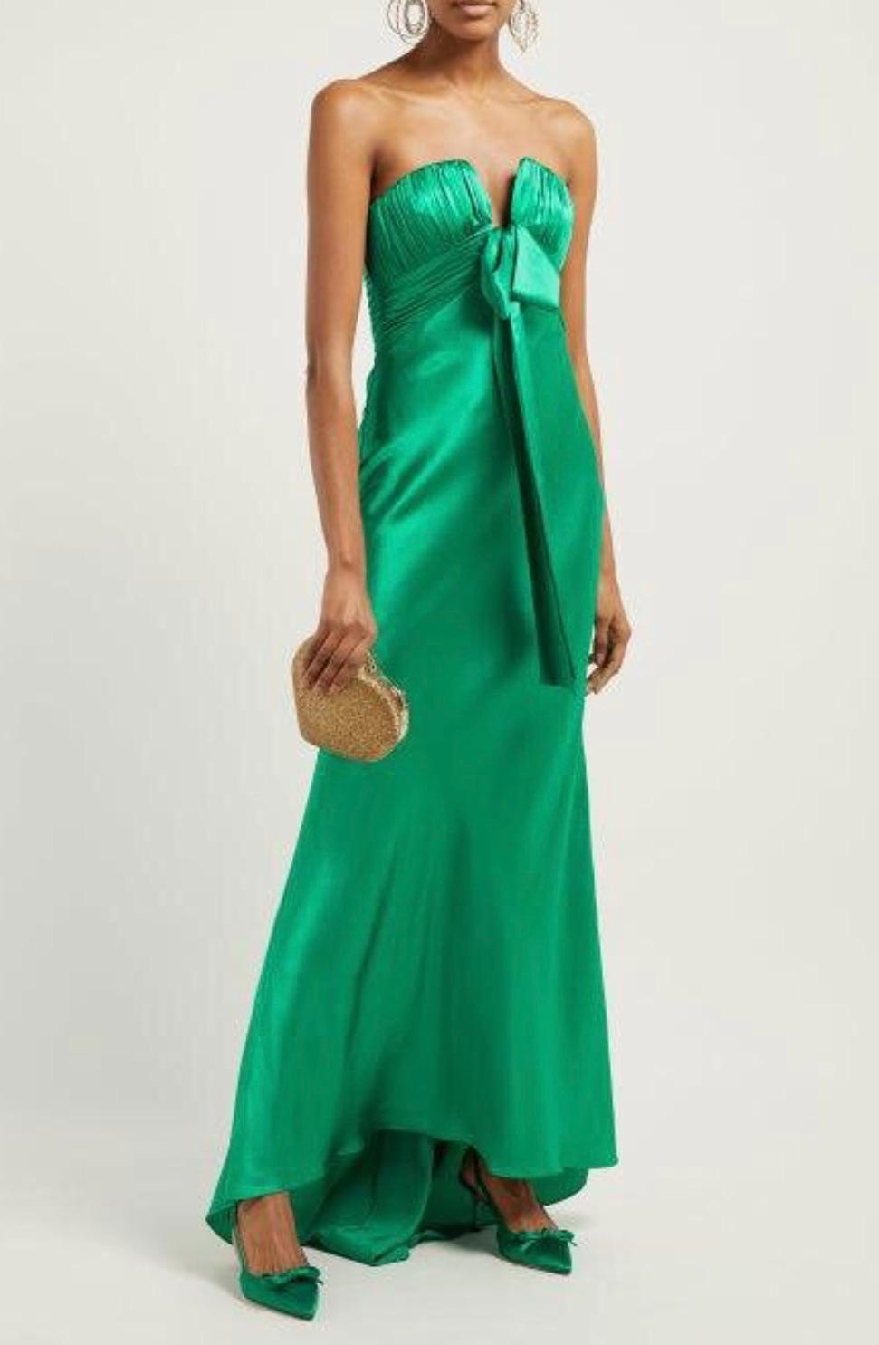 Alessandra Rich Green Ruched Strapless Silk Charmeuse Gown
