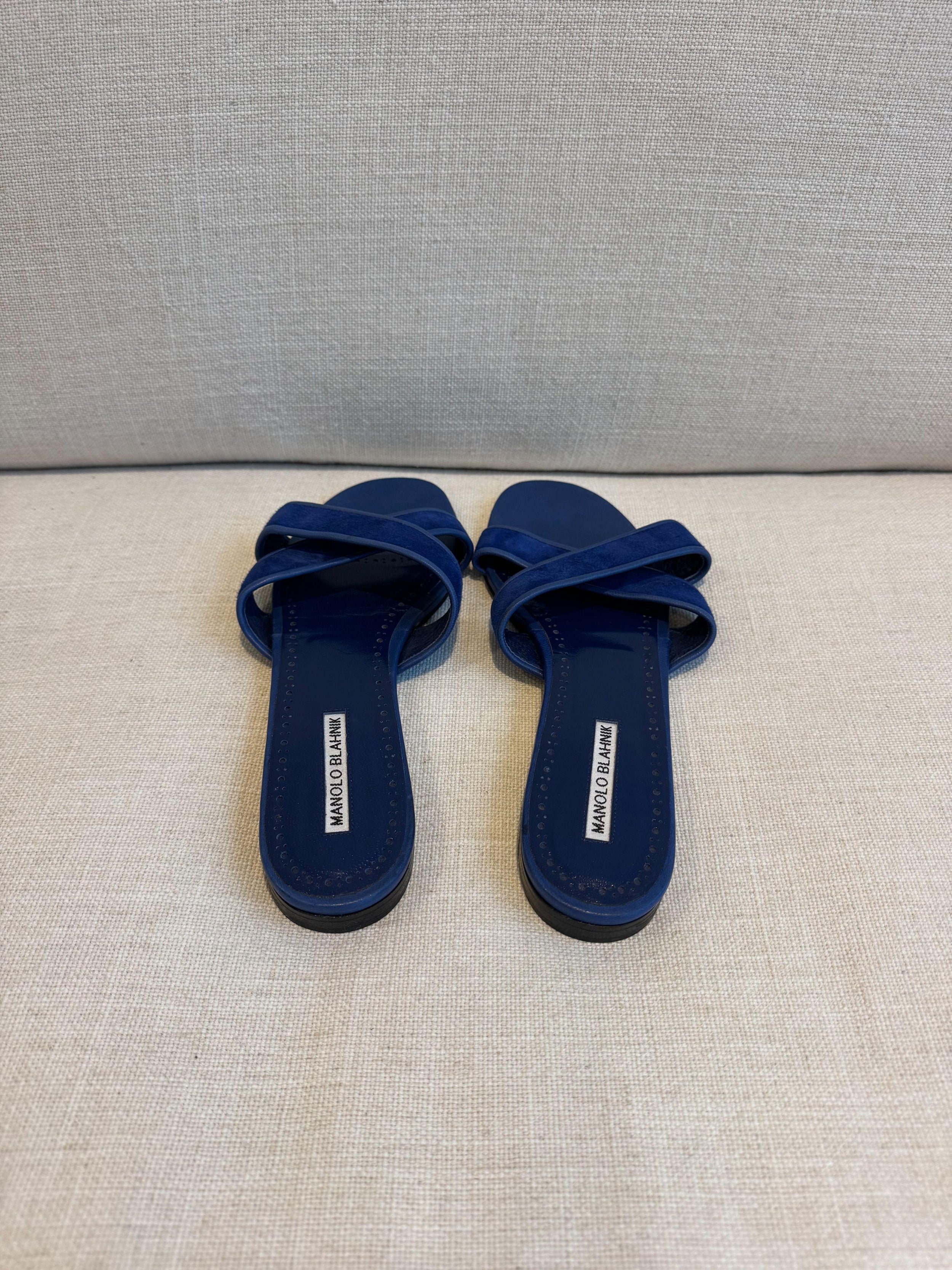 Manolo Blahnik Blue Suede Flat Sandals