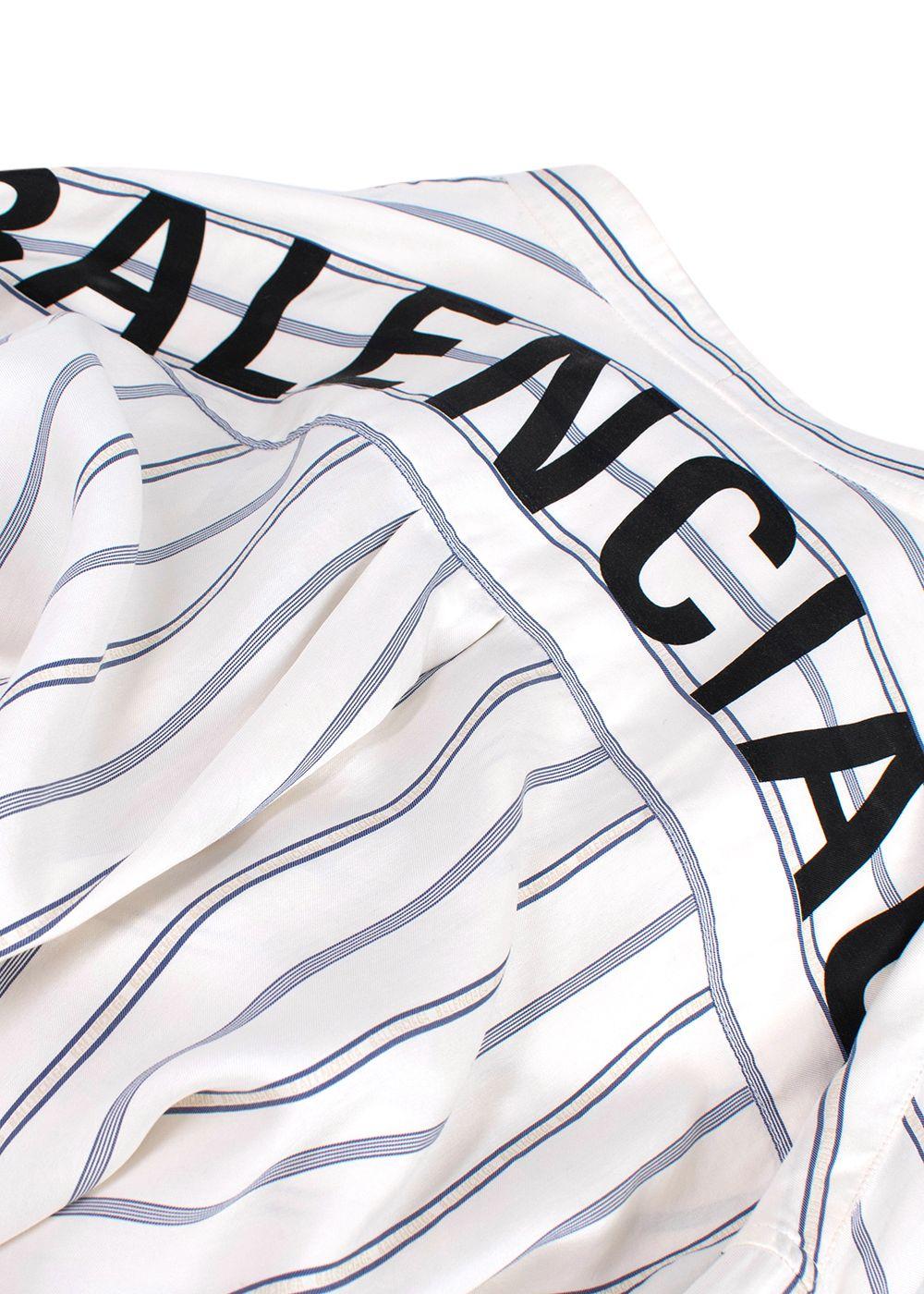 Balenciaga White and Blue Striped Silk Logo Shirt