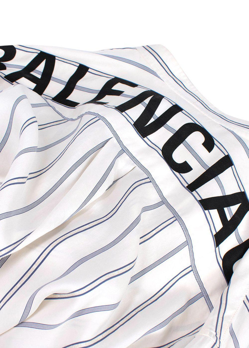 Balenciaga White and Blue Striped Silk Logo Shirt