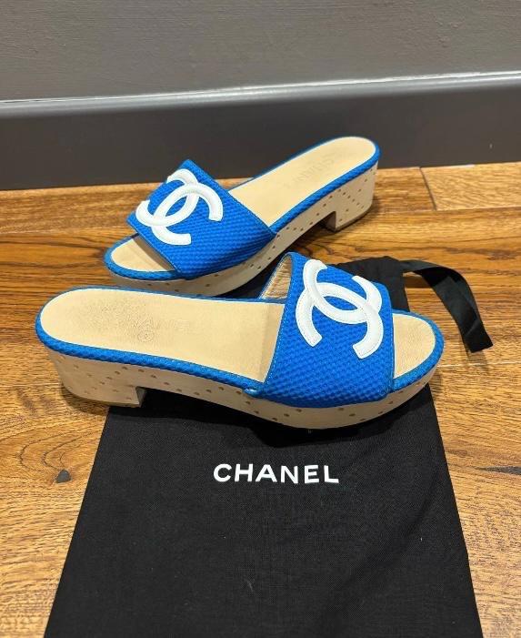 Chanel Blue Fabric CC Slides