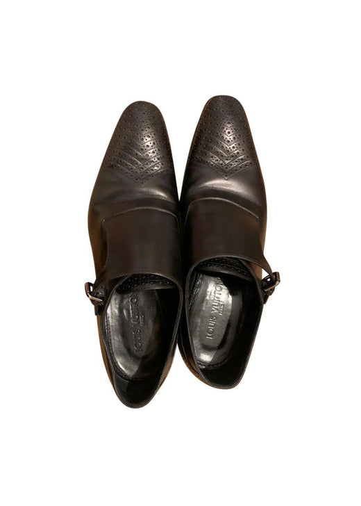 Black perforated leather monk strap shoes