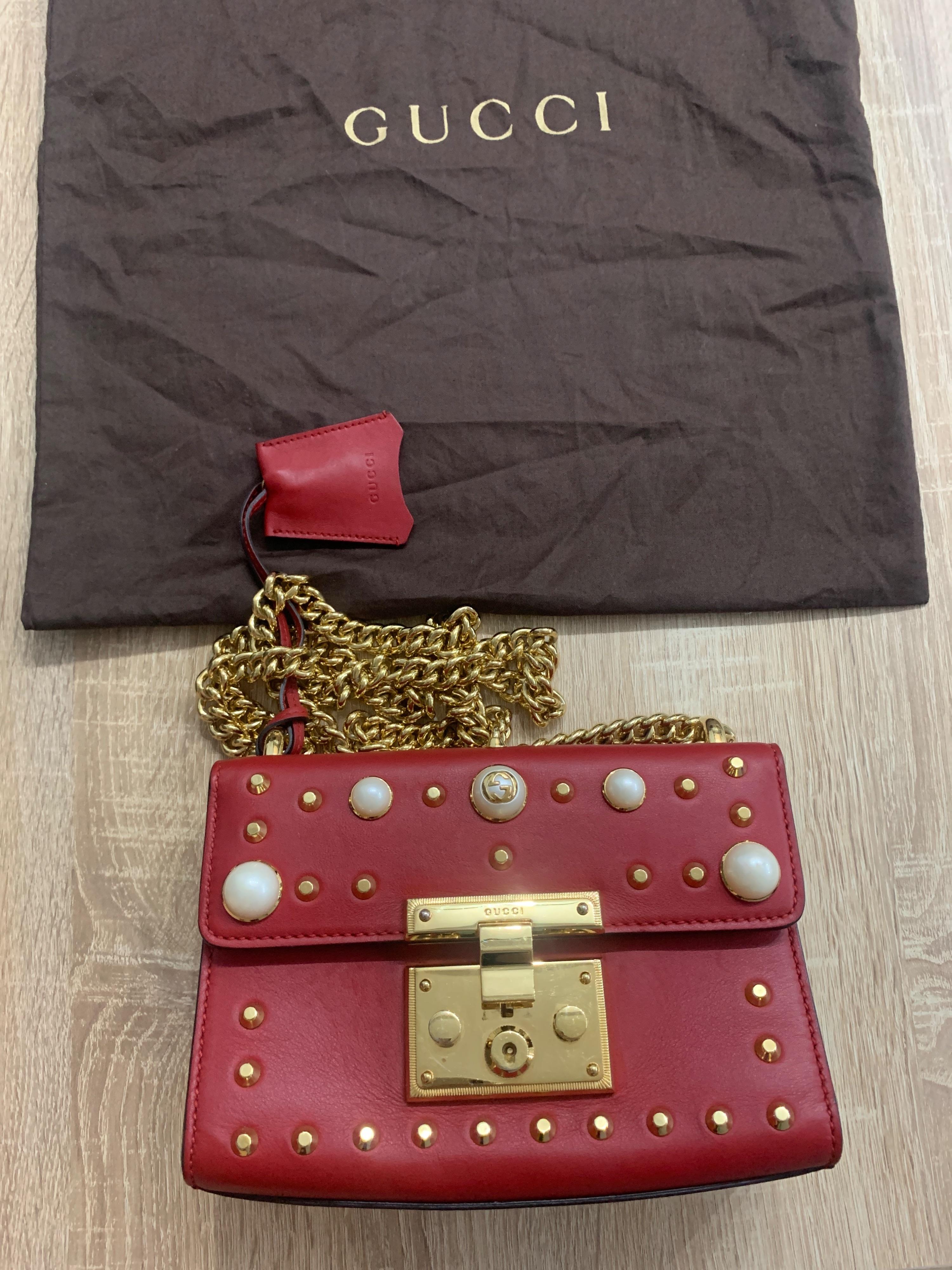 Red Leather Studded Padlock Shoulder Bag