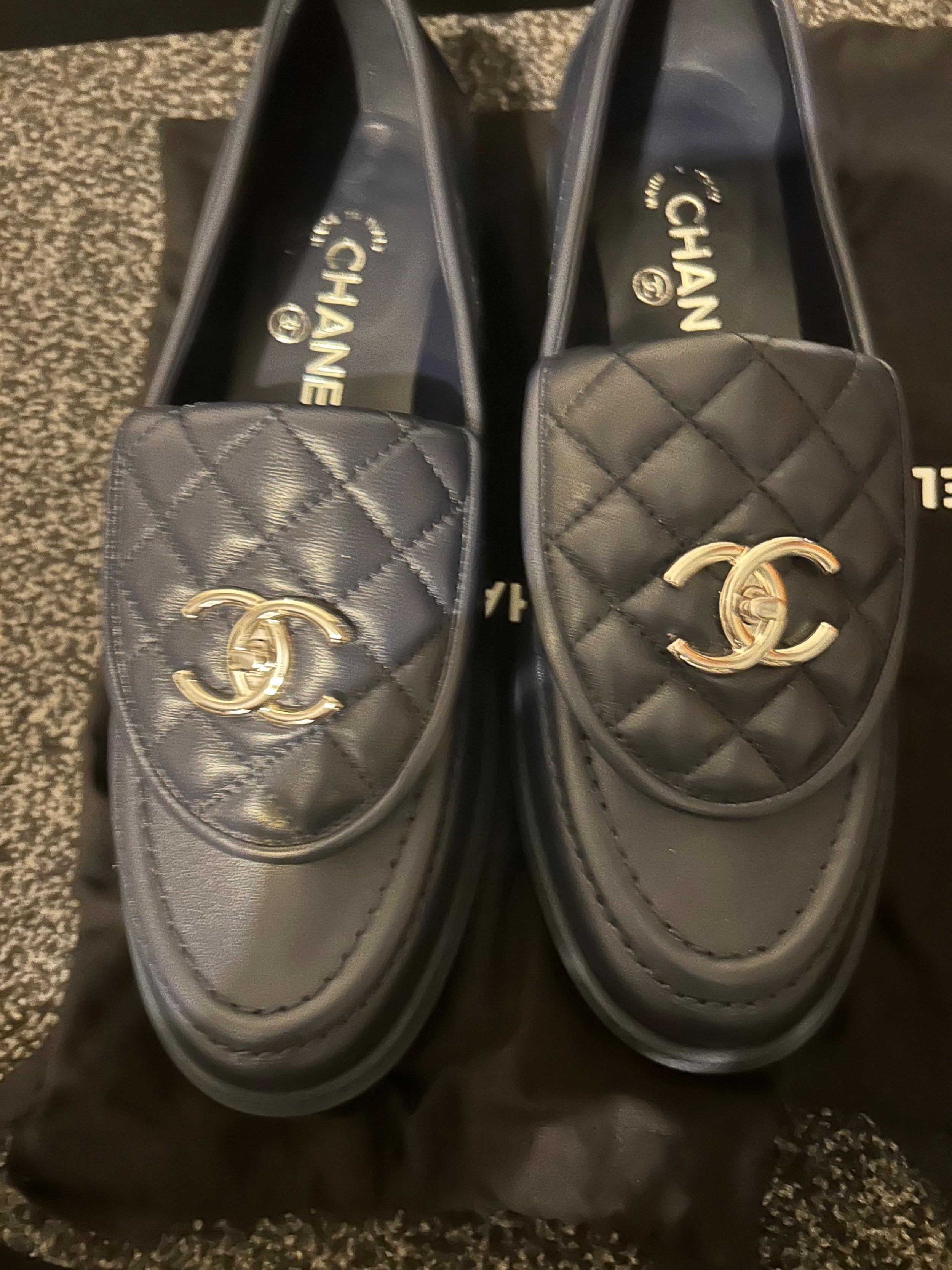 Chanel Navy Blue Leather Moccasins