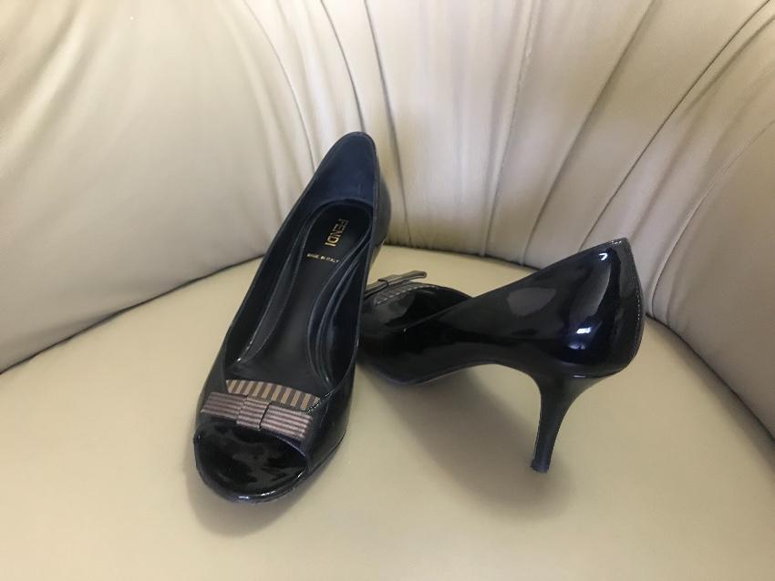 Fendi Striped-Bow Patent Leather Peep-Toe Pumps
