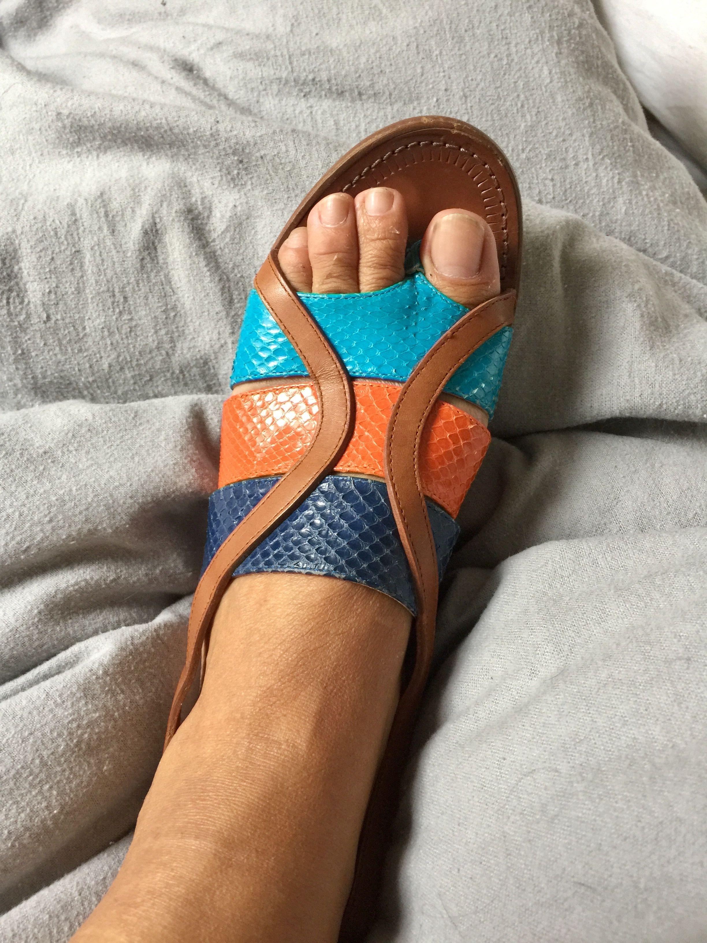 Tricolour snakeskin & tan leather sandals