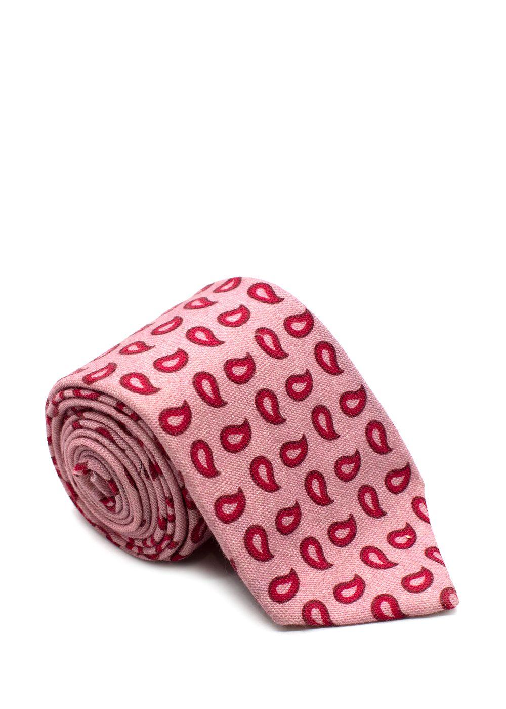 Isaia Pink Wool Tie with Red Paisley Pattern