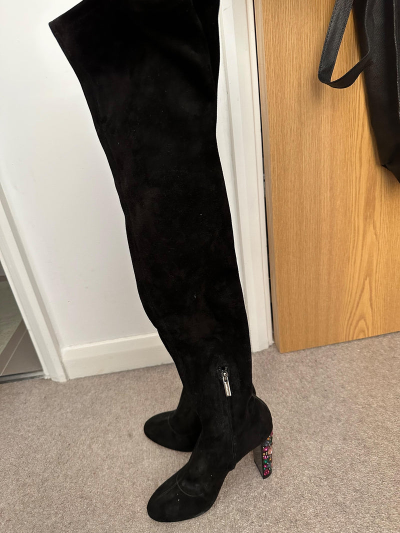 Jimmy Choo Black Suede Over the Knee Boots with Crystal Heel Detail