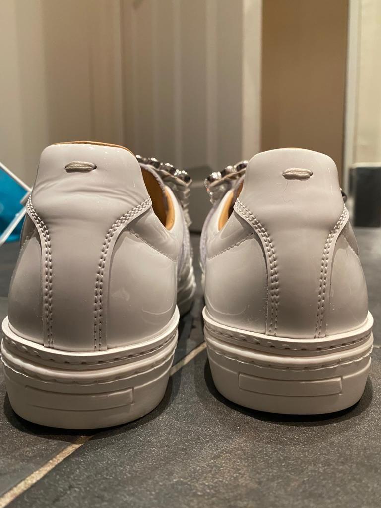 White Patent Leather Crystal Brooch Sneakers