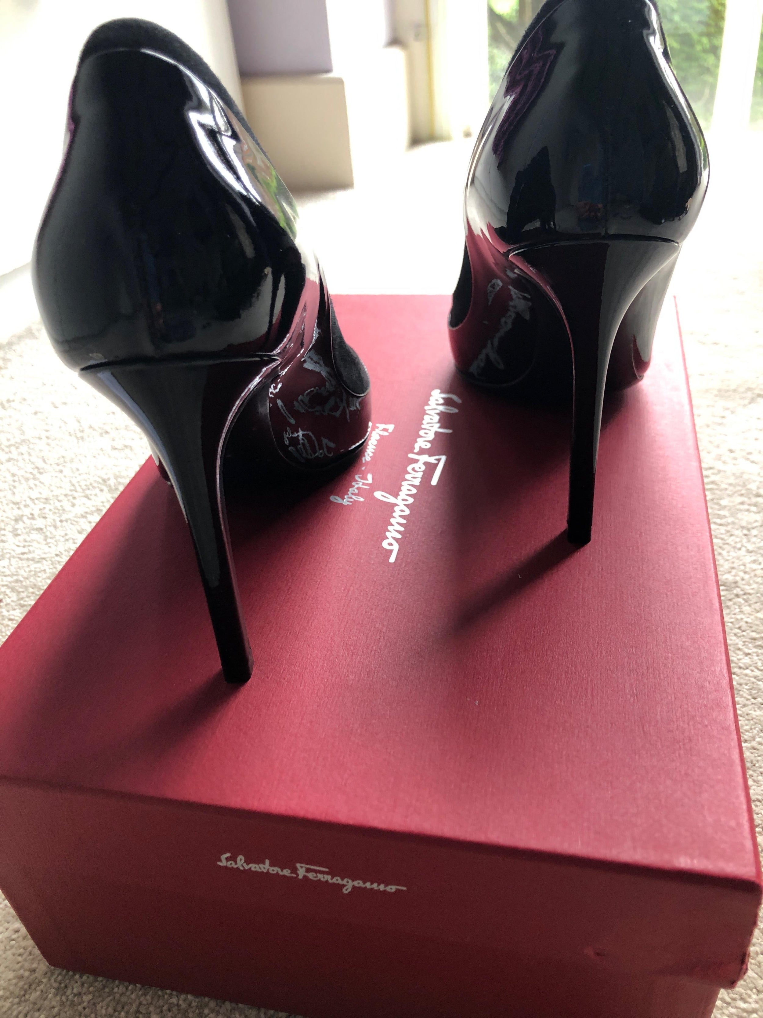 Salvatore Ferragamo Black Patent Leather Court Heels
