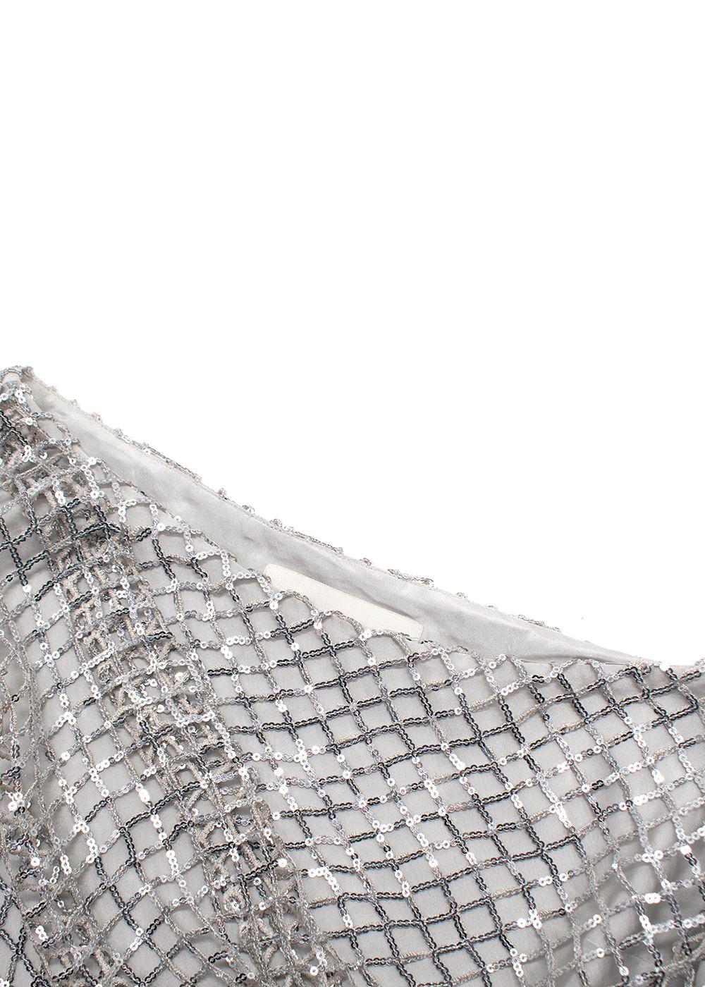 Michelle Mason Silver Sequin Mesh One-Shoulder Mini Dress