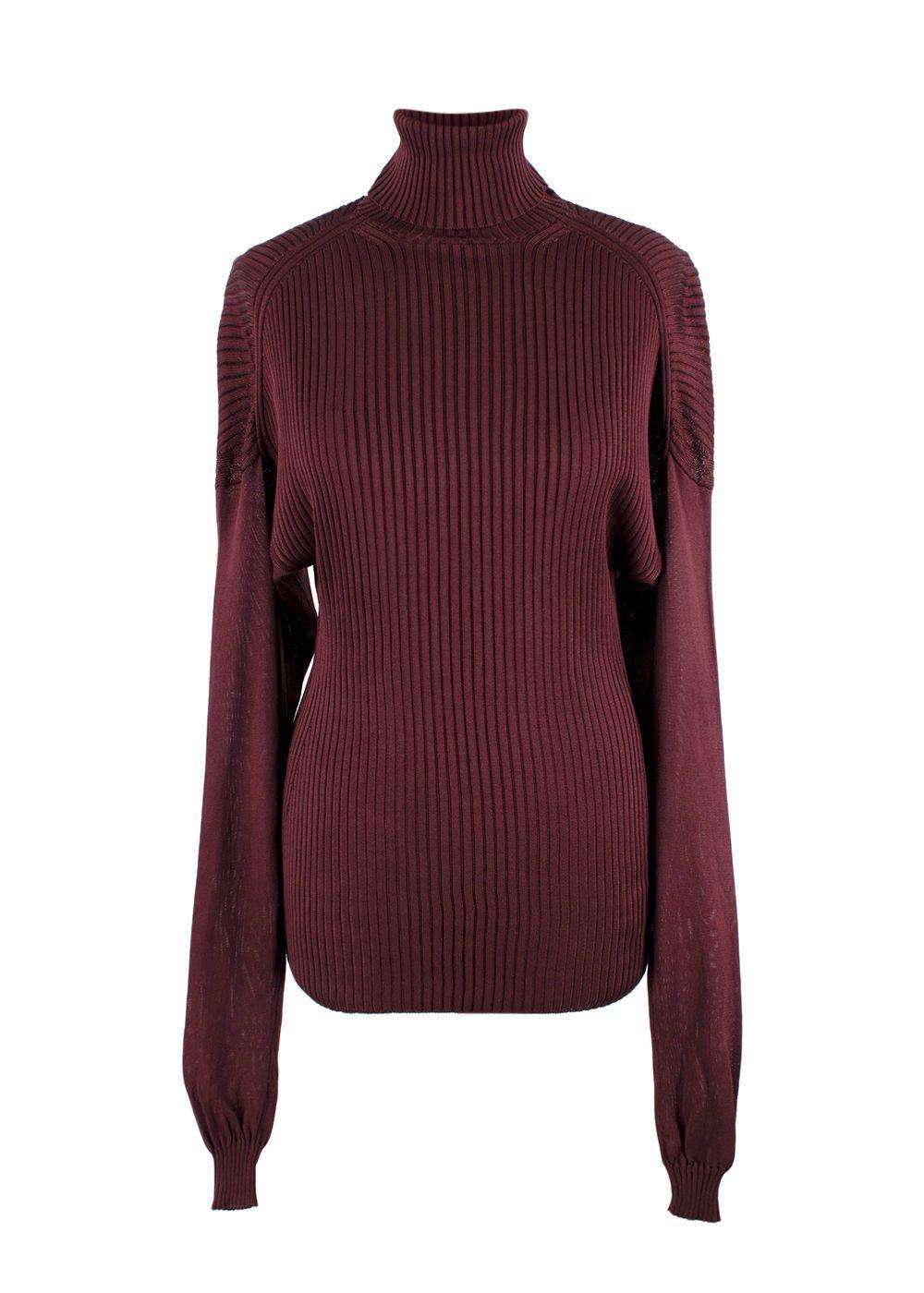Bottega Veneta Burgundy Long Sleeve Ribbed Turtleneck Top