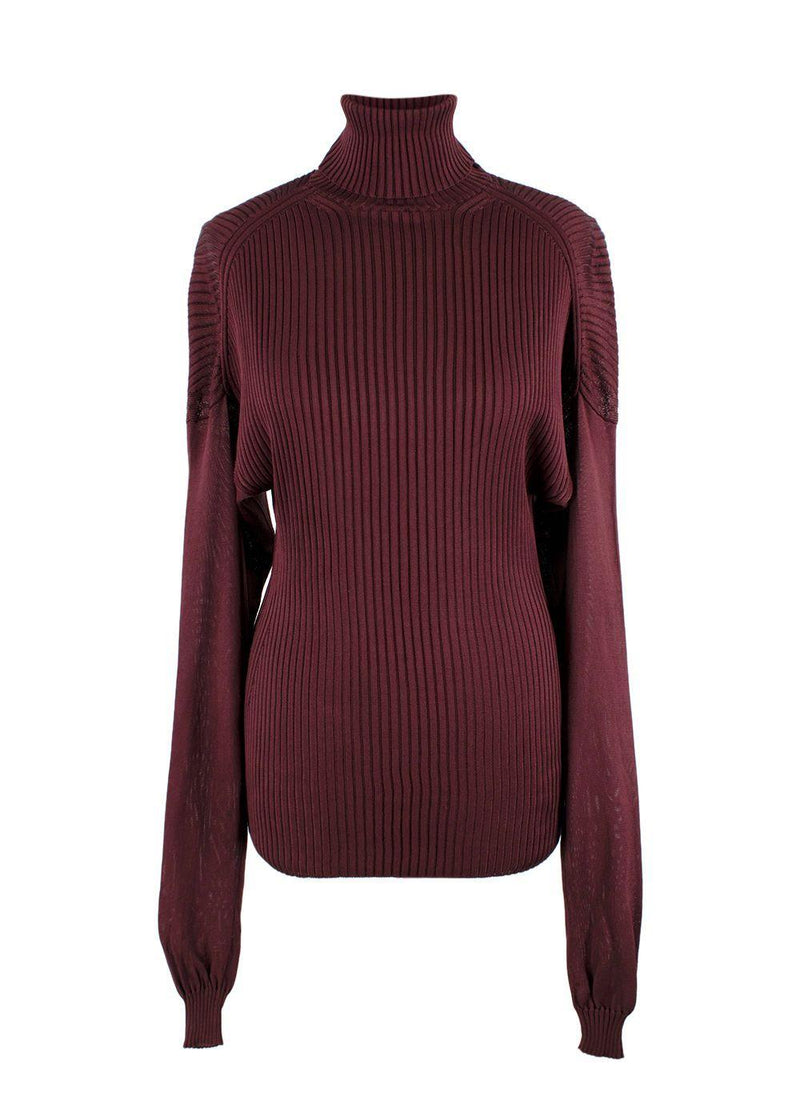 Bottega Veneta Burgundy Long Sleeve Ribbed Turtleneck Top