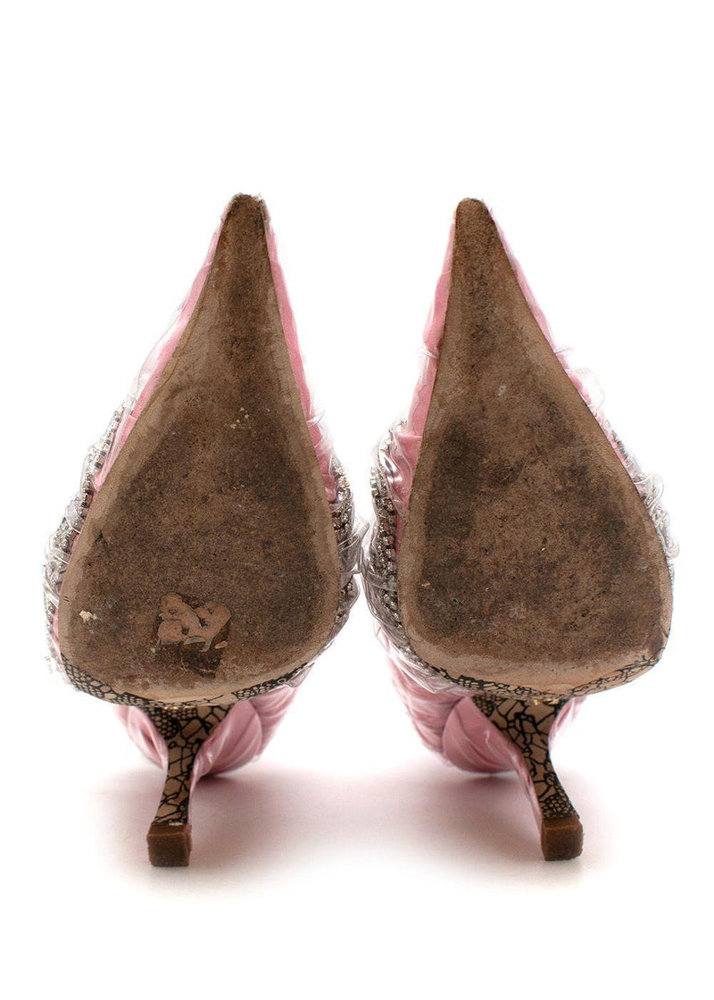 by Midnight pink satin, crystal & clear PVC heeled pumps