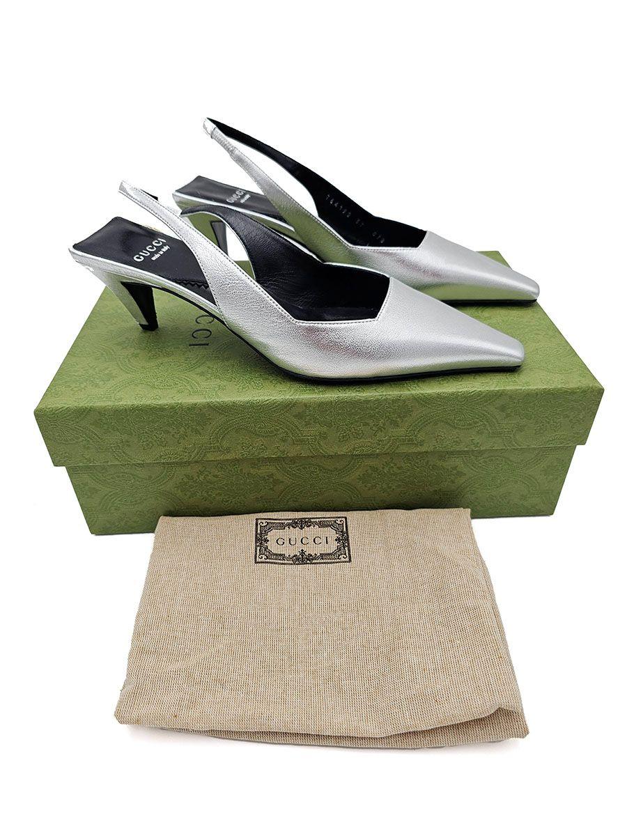 Guci Silver Leather Slingback Sandals
