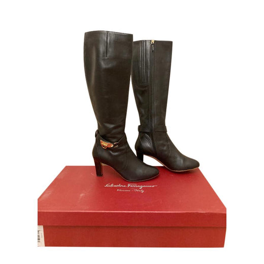 Ferragamo Black Leather Gancini Buckle Knee Boots