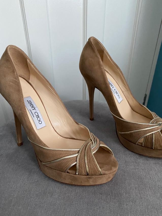 Jimmy Choo Beige Suede Peep Toe Heeled Pumps