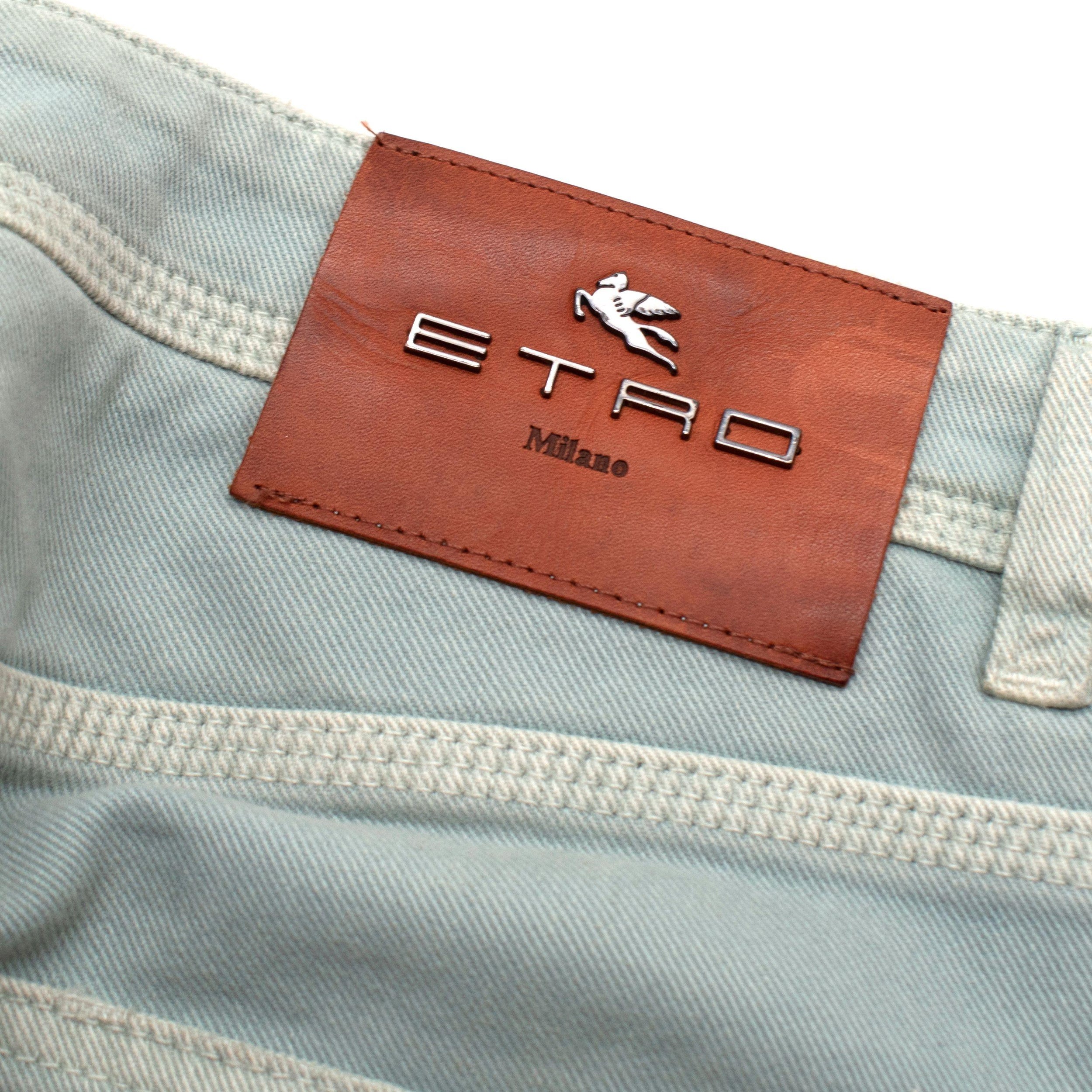 Etro Washed Blue Palm Tree Embroidered Jeans