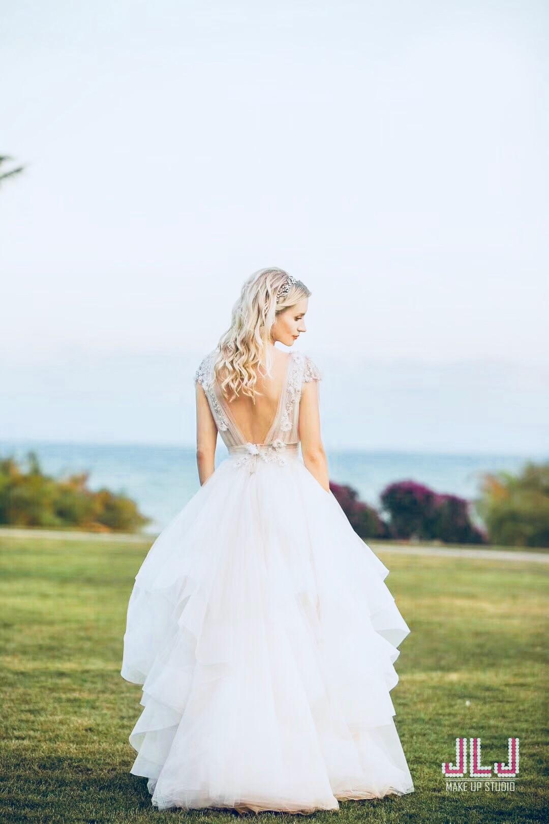 Custom Made Floral Embroidered Tiered Wedding Dress